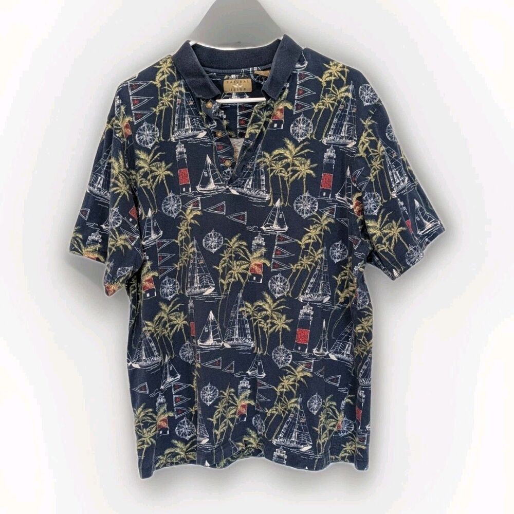 VTG‎ Natural Issue Size L Polo Shirt Nautical Blue Palm Trees Sailboat Cotton
